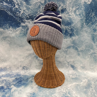 Classic Logo Rd Leather Patch Striped Beanie w/ Cuff&Pom - Nauset Surf Shop